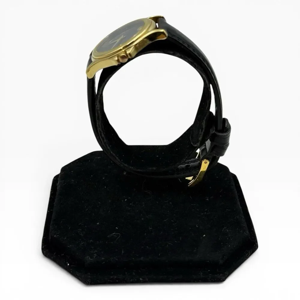 Movado Museum Women Quartz Watch 87 E4 0823 Gold Plated Black Leather Swiss Made